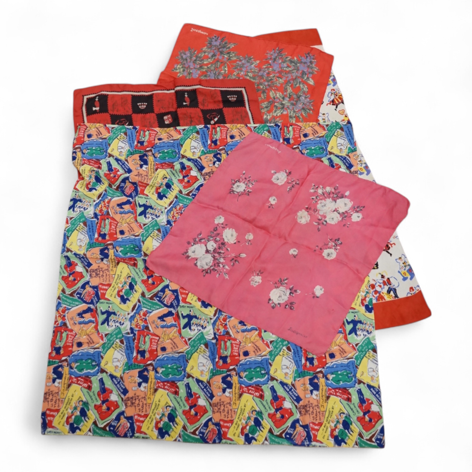 A novelty cartoon style Jacqmar silk scarf, two others and two unnamed scarves